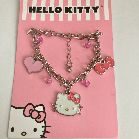 Sanrio Hello Kitty Cat Charm Bracelet Cute Enamel 7-8" Heart Bow Pink White NWT - Picture 2 of 8